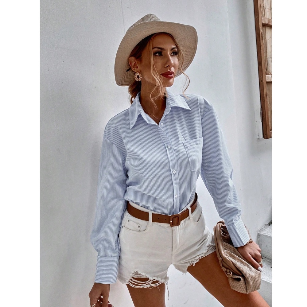 Blue and White Striped Casual Oversized Button Down Shirt Front Pocket - Picture 6 of 8